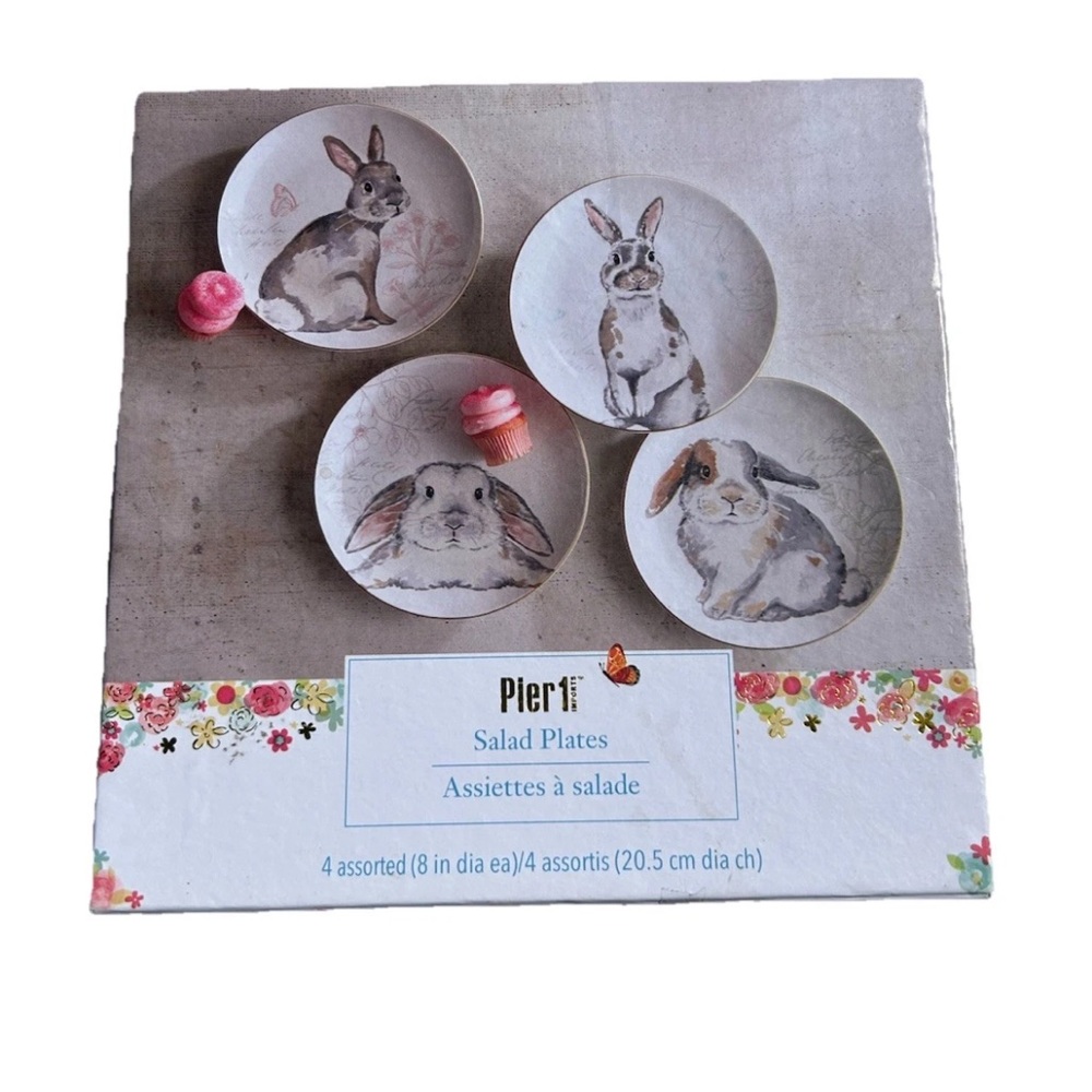 SET OF 4 PIER1 EASTER NATURAL BUNNY SALAD DESSERT PLATES 4